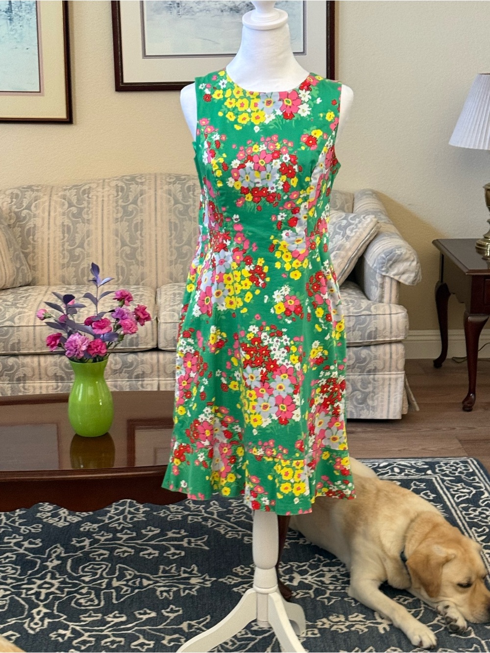 Talbots Green Floral Sleeveless Fit-and-Flare Midi Dress